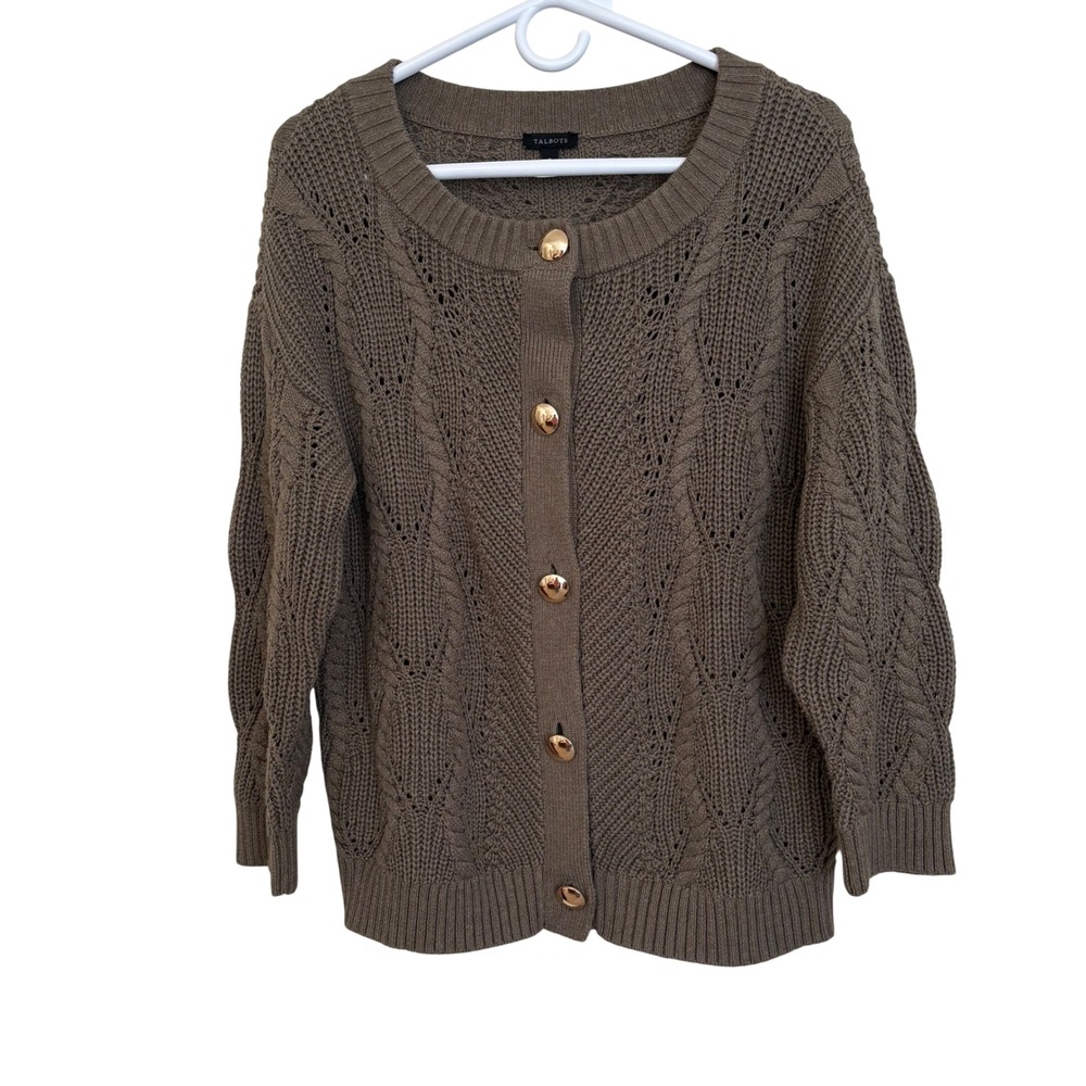 Talbots Women Knit Cardigan Sweater Gold Buttons Olive Green‎ Size M